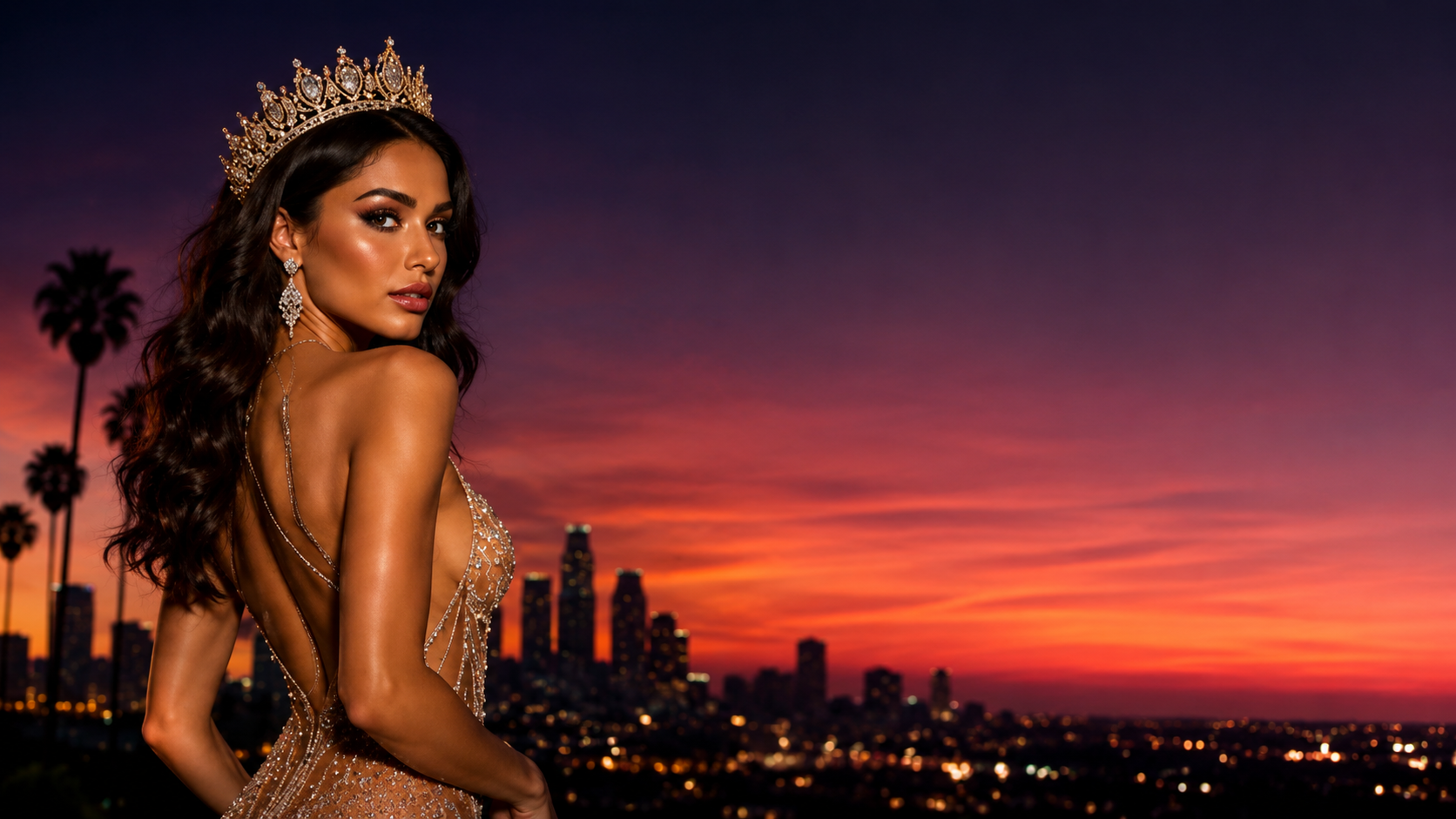 Miss Silicone USA — mujer glamorosa frente al horizonte de Los Ángeles