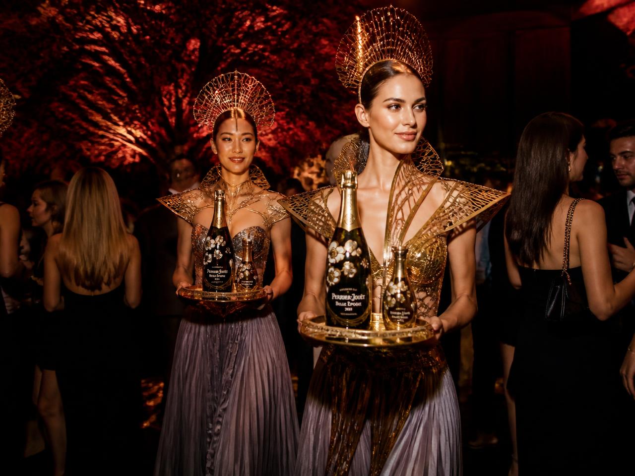 Event models in artistic costumes carrying sponsor product trays