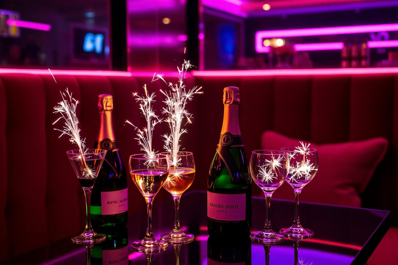 Champagne service in a luxury VIP lounge with pink lighting